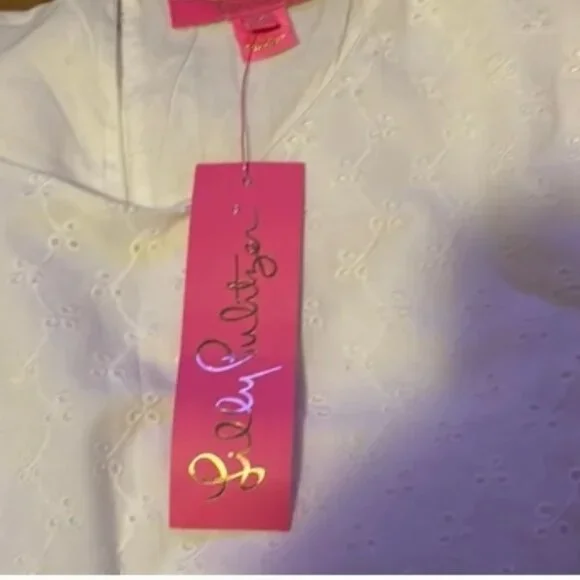Lilly Pulitzer White Ditsy Vine Eyelet Short Puff Sleeved XL Blouse 🆕📦⌚🏃💨⚡🚚 - Picture 9 of 16